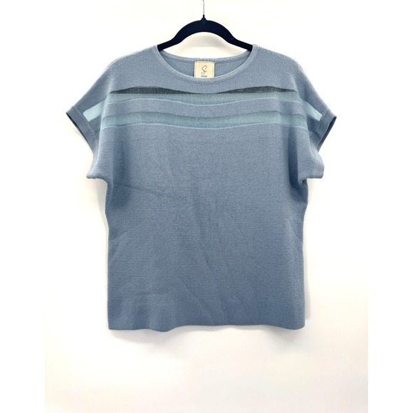 Sioni Sweaters - Sioni Blue Short Sleeve Knit Sweater Medium Stretch Sheer Mesh Inlay Cottagecore